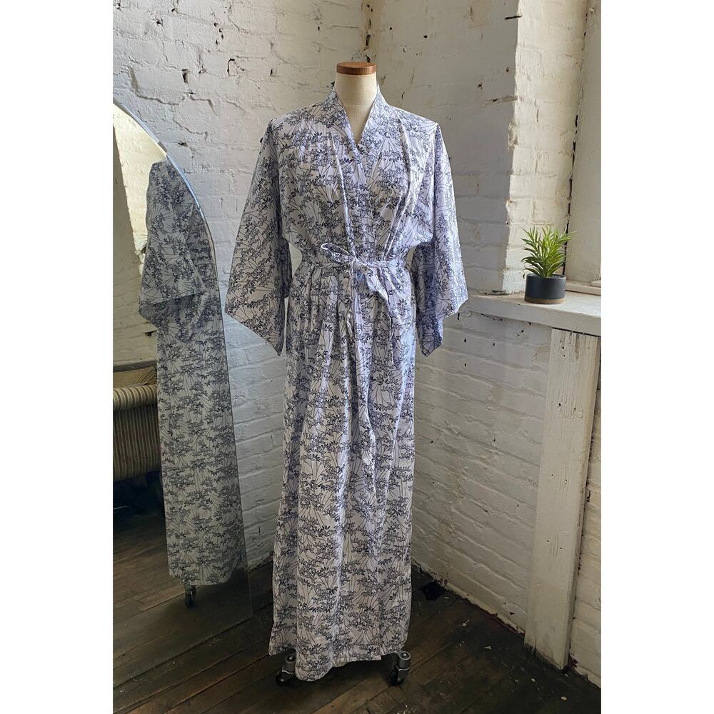 ICHI BAN Kimono White Blue Floral Cotton Japanese Robe Traditional Loungewear OS